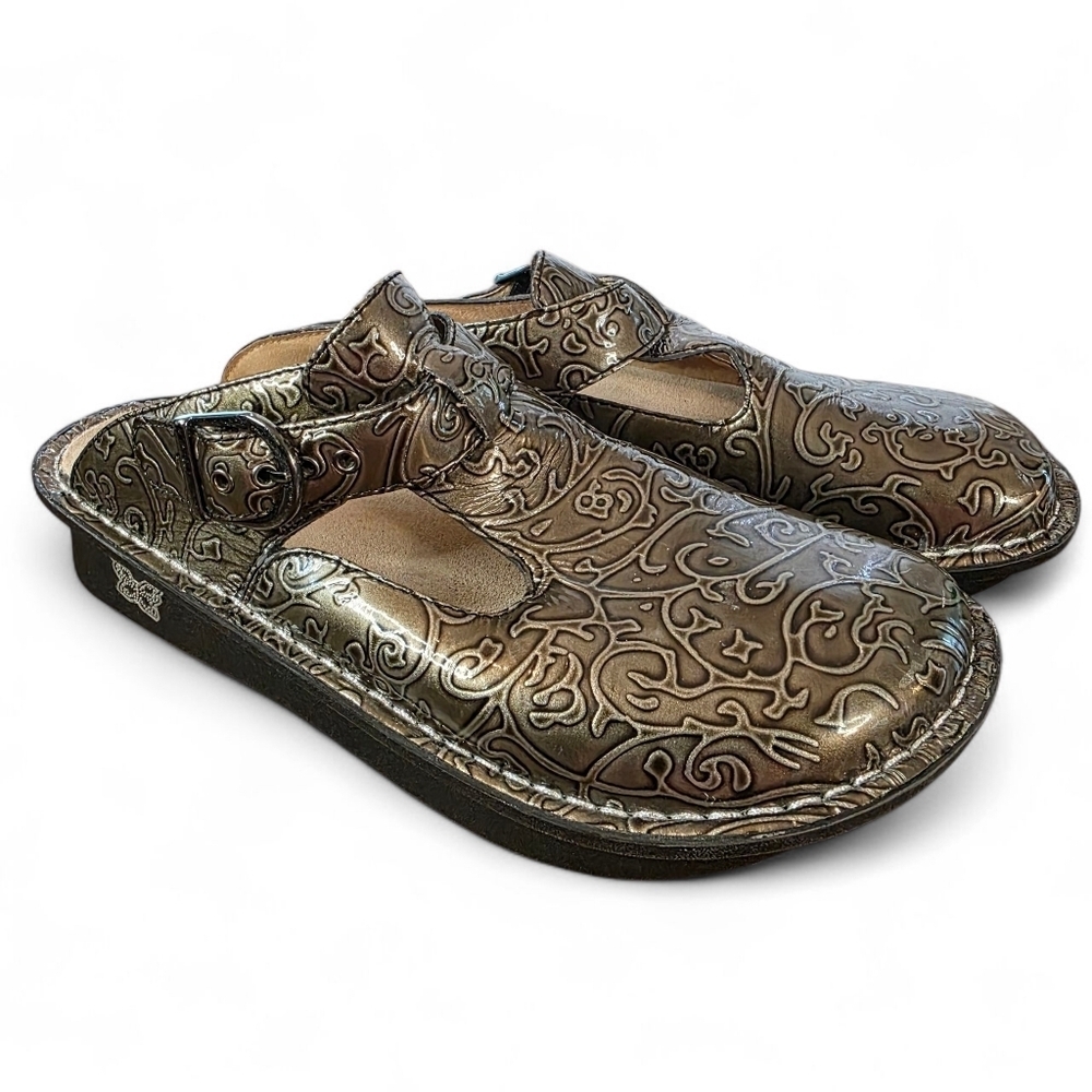 Alegria by PG Lite Leather Mary Jane Sandals Bronze Embossed Floral EU 37